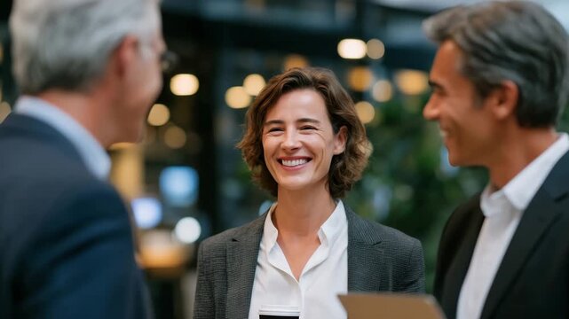 27Business people smiling and chatting in a modern office lounge, seen from side and back angles, smart casual attire, laptops and coffee cups on a wooden table, large windows floodi