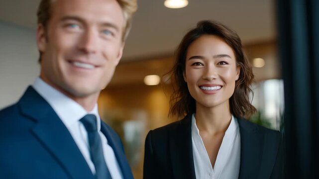 41Two business colleagues sharing a light conversation by a conference room door, open gestures and relaxed posture, modern interior with neutral tones, strong natural lighting, auth