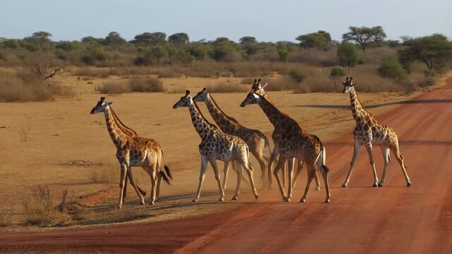 Tracking pan slow motion of herd of giraffes walking and crossing dirt road through savannah reserve at sunset