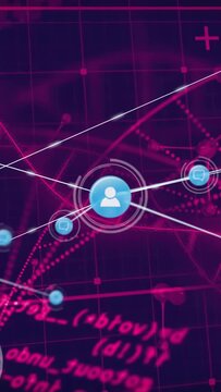 Central blue avatar pulsing rings, initiating links and showing messaging network on magenta grid