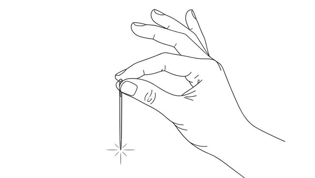 Detailed line drawing of a human hand holding a thin sewing needle with a small light reflection at the point.