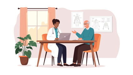Fototapeta premium Compassionate female doctor discussing medical results with an elderly man at a wooden desk in a modern and professional clinic.