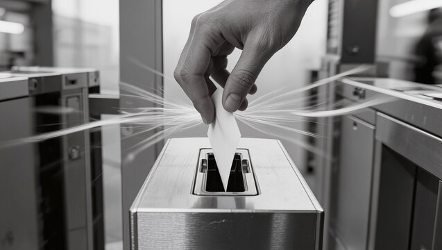 Hand inserting a ticket into a metallic ticket machine  