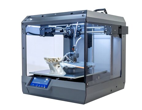 Enclosed 3D printer producing a white object, lit by built-in lights, against a bright white background for clear detail