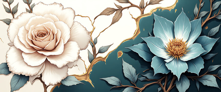 Ivory roses embossed on champagne marble with golden accents. 3D magnolia blossoms with sapphire petals and gold. Pastel peach roses with shimmering silver leaves. Magnolia on reptile skin texture ele