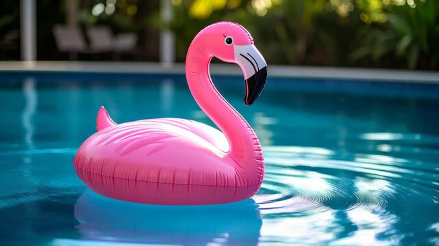 Pink inflatable flamingo bird pool toy floating on the clear blue water of a backyard swimming pool