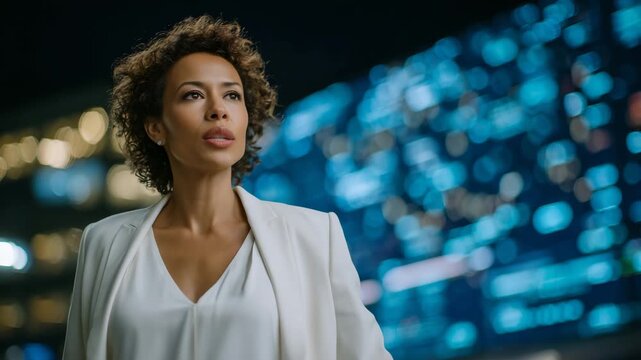 74Black businesswoman standing in front of a large digital wall screen filled with glowing binary code, modern tech office environment, smart professional attire, focused posture, bl