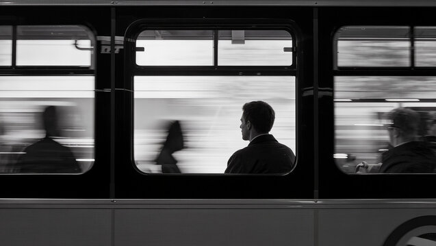 Man sitting on bus while city commuters pass by in black and white  