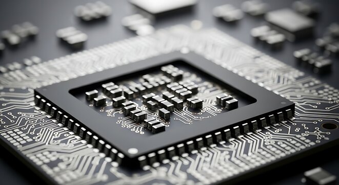Close up of microchip on circuit board with detailed components