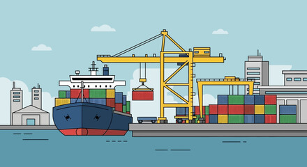 Fototapeta premium Container ship loading cargo at port with crane and stacks of containers