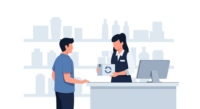 Customer receives package at checkout counter from store employee, retail service illustration