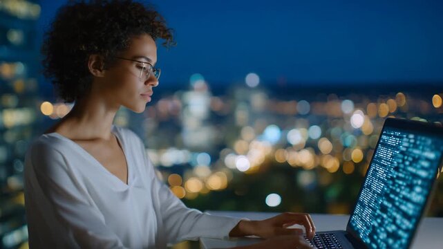 86Black female programmer analyzing binary code in a quiet modern tech office, soft ambient light highlighting the screen and her silhouette, professional calm energy, digital future
