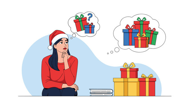Young woman in a santa hat thinks about choosing different colorful gift boxes for the christmas holiday season.