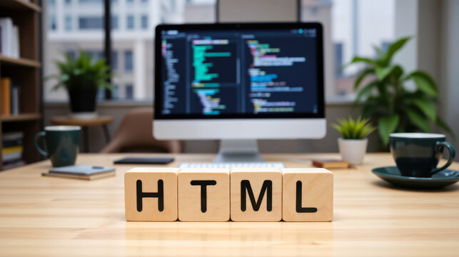 HTML HyperText Markup Language for web development and front end coding, showing page structure, markup syntax, source code learning and browser content creation for online publishing