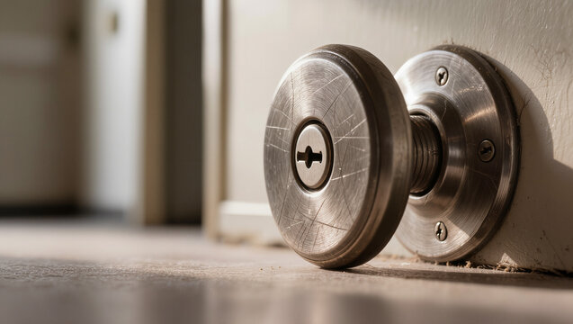 Metallic door knob and lock on a wooden door in bright hallway  