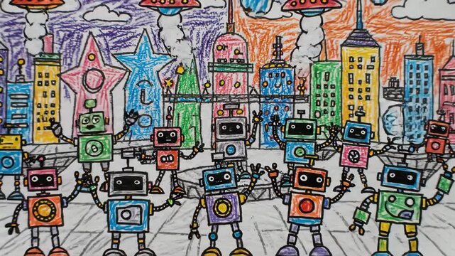 Animated child's drawing of robots dancing in a future city