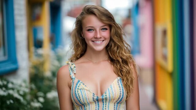 98Teen girl standing centered in a rainbow-colored alleyway, symmetrical composition, relaxed smile implied through body language, light summer dress, cheerful vacation energy, vivid