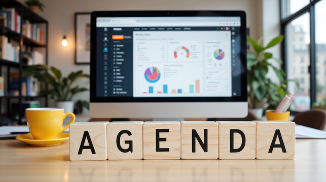 Agenda planning for meeting schedule and business priorities, showing organized task flow, discussion topics and action plan for team alignment, project review and weekly planning work