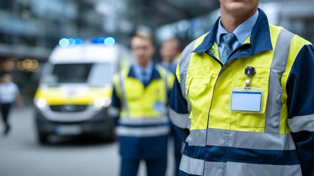 100Emergency healthcare team of faceless young doctors looking forward, ambulance parked near hospital entrance, medical uniforms and ID badges visible without faces, clean profession