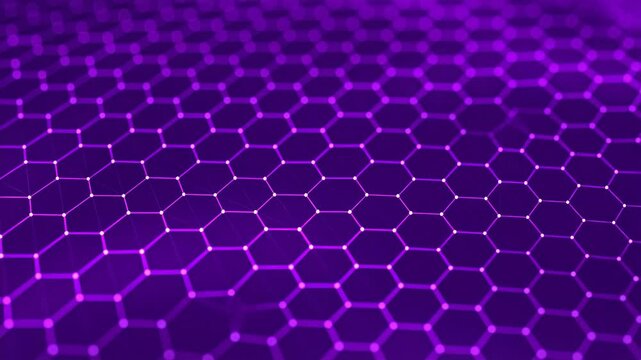 Abstract purple digital technology background with glowing hexagonal grid mesh and bokeh effect
