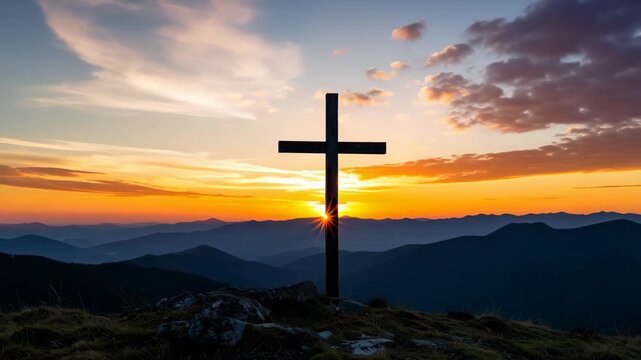 Wooden cross standing on mountain peak at golden sunrise with beautiful orange sky and misty hills