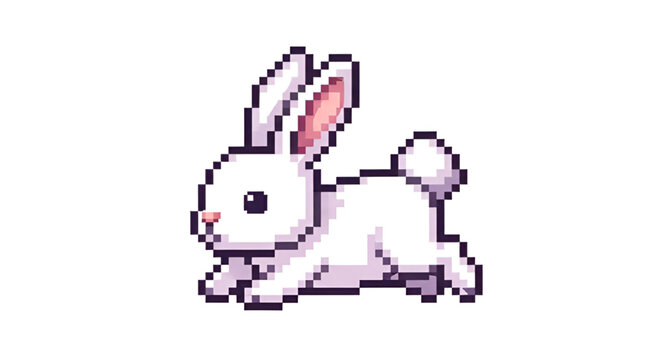 Cute White Rabbit Pixel Art Character Jumping Isolated on White