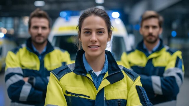 107Young faceless doctors and paramedics standing as a unified healthcare team, ambulance and emergency room signage behind, confident body language, medical emergency preparedness, p