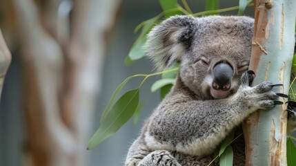Obraz premium Sleepy koala hugging eucalyptus tree branch in natural forest environment