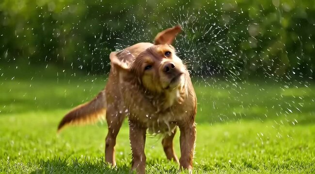 A golden spaniel vigorously shakes off water in a lush green yard