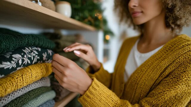 123Organized festive setup with faceless woman arranging decorations, vibrant clothing adds contrast to warm seasonal palette, personal touches placed thoughtfully, bright inviting en