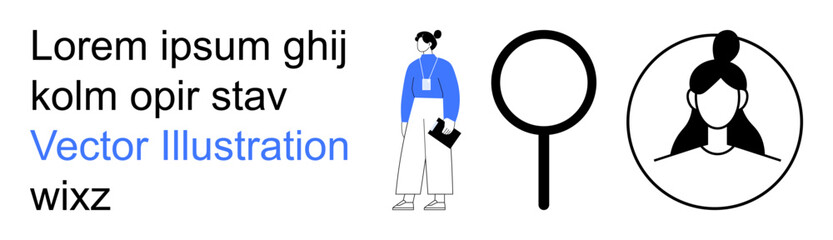 Business profiles, identity verification, search concepts, hiring process, online presence, avatars. Woman holding files, magnifying glass female avatar. Business profiles and identity verification