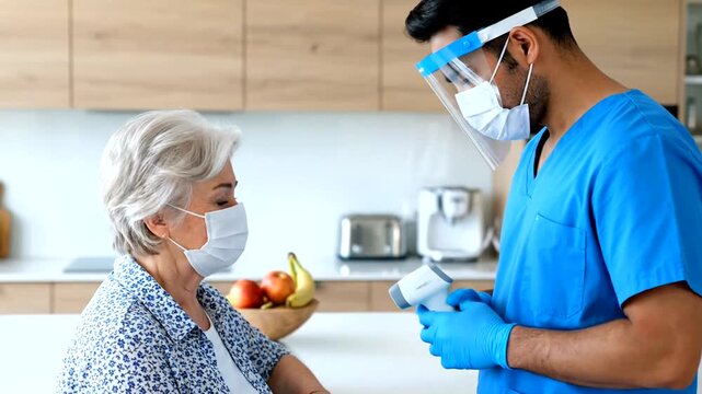 Nurse checking senior woman temperature.