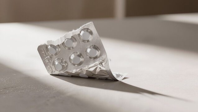 Crumpled blister pack of pills on a countertop in natural light  
