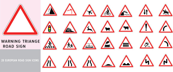 European Warning Road Sign Icon Set   28 Red Triangle Traffic Safety Symbols Vector © Griffin9678