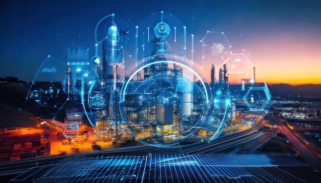Futuristic Industrial Complex with Digital Network Overlay at Sunset.