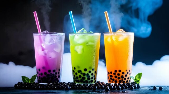 Three vibrant iced bubble tea beverages in purple green and orange colors with black pearls and thick vapor clouds