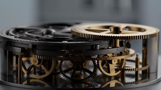 Close-Up of Intricate Clockwork Mechanism With Gold and Black Gears Rotating