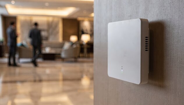 Focused view of a stylish lobby WiFi access point with background hotel guests softly blurred showcasing premium managed internet solutions for hospitality environments.