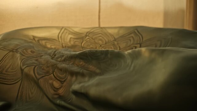Close-Up of a Textured Fabric With Intricate Floral Pattern Under Warm Light