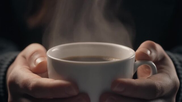Hands cradling steaming cup of tea on table surface