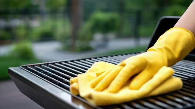 171Macro shot showing detailed stainless steel grill edges, hand with yellow cloth cleaning corners, textures of steel and subtle reflections, outdoor summer backyard context, tidy eq