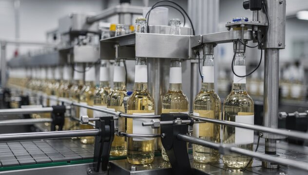Medium shot of a neck labeler precisely attaching small labels around necks of glass bottles enhancing brand identity in beverage manufacturing.