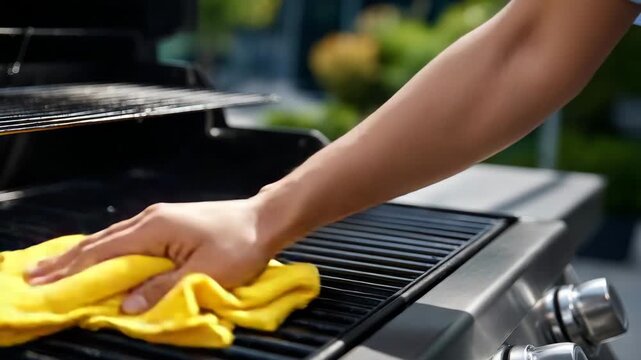 174Macro shot showing detailed stainless steel grill edges, hand with yellow cloth cleaning corners, textures of steel and subtle reflections, outdoor summer backyard context, tidy eq
