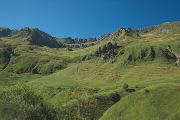Obraz premium Lush green mountain slopes and rocky ridges in the Swiss Alps