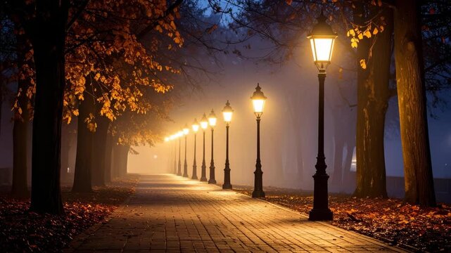 Misty night scene of a cobblestone path lined with glowing vintage lamp posts and autumn trees