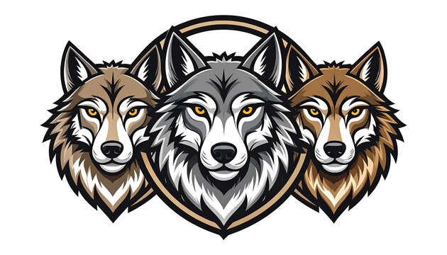 Graphic art of three wolf heads within an oval frame, showcasing a strong, protective unity on a white background