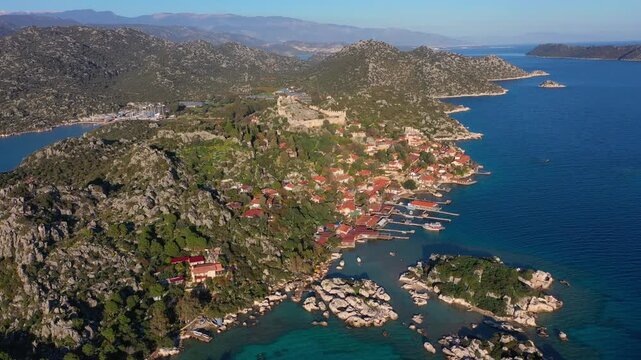 Aerial view of the picturesque secluded village of Kalek&ouml;y (Simena) on the Lycian coast of Turkey (Antalya region), famous for its partially submerged ancient ruins.