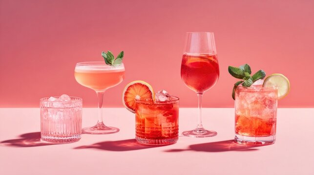 Assortment of refreshing pink and red cocktails with garnishes on a pink background