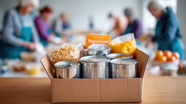 Donation box filled with canned goods and pasta, volunteers working in background