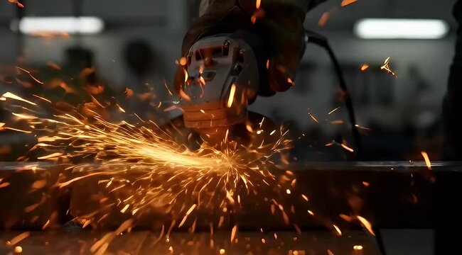 Closeup view of angle grinder creating sparks on metal surface in workshop
